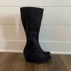 Black faux suede women’s tall wedge heal boots for narrow calf / calves. 8.5